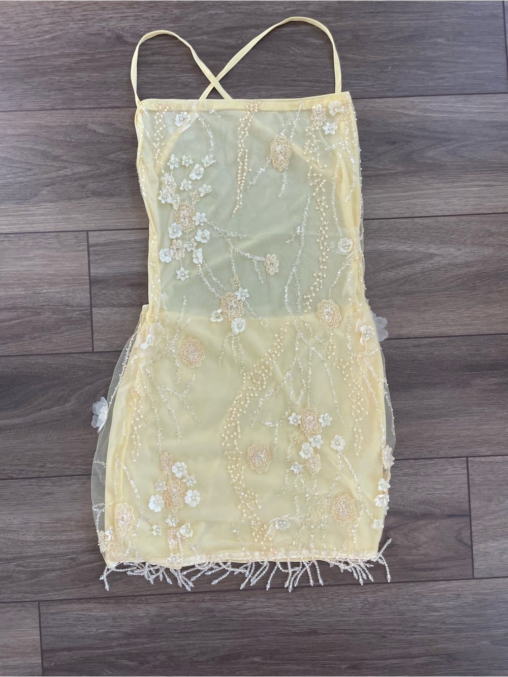 SHEIN Pale Yellow Floral Beaded Mini Dress